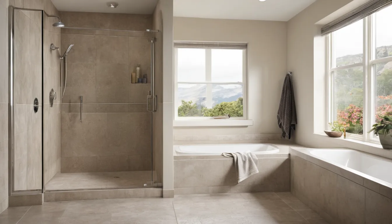 Smiling homeowner stepping into a bright walk-in shower with a bench and grab bar in a Manteno home